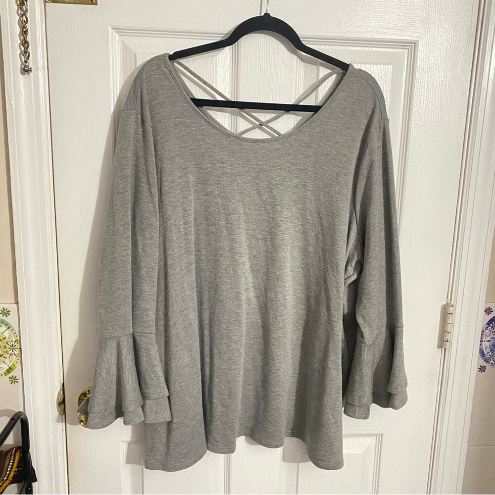 Lane Bryant 26/28 Gray Ruffle Bell Sleeve Criss Cross Back Jersey Sweatshirt